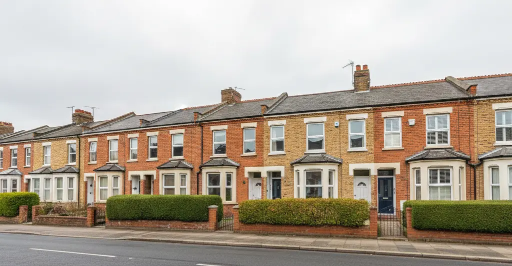 A row of modern UK terraced houses with red brick facades